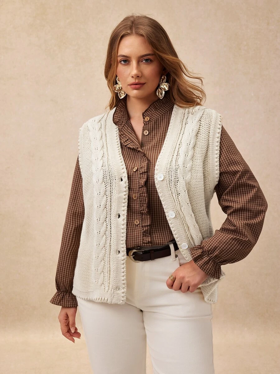 Écloséra Curve Plus Size Women's Elegant Versatile Twisted Rope Cable Knit Button V-Neck Sleeveless Vest Cardigan, Suitable For Outings, Dates, Daily Wear - Apricot - View 1