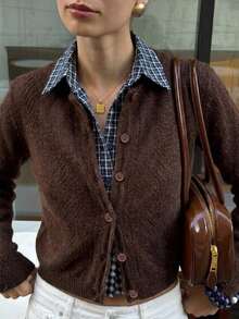 Strévra Women's Casual Plaid Patchwork Cardigan, Autumn/Winter Long Sleeve Tops - Brown - View 7