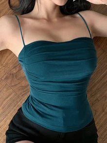 DAZY 女款素色抓皺修身百搭休閒細肩帶背心上衣 - 水鴨藍 - 查看 5