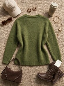 Grovea Plus Size Green Knit Cardigan Women's Round Neck Button Front Long Sleeve Loose Casual Knit Sweater Jacket Top Winter - Green - View 2