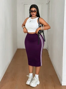 Mawevolt Damen Große Größen Lässig Reines Schwarz Gestrickter Hoch-Elastischer Stoff Seiten Kontrastfarbe Band Design Enger Bodycon Rock Vielseitiger Schwarzer Rock Große Größen Lässiges Outfit Damen Große Größen Neuer Stil Party Zusammenkunft Nacht Date Modeartikel Vielseitiger Rock - Violett - Übersicht 4
