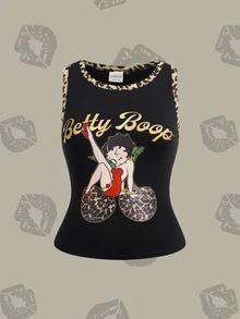 Betty Boop x SHEIN ملابس علوية كاجوال يومية للنساء مقاس كبير بطبعة حروف وكرتون - الأسود - مشاهدة 3