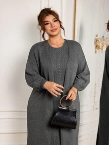 Modelyn Plus Size Women Solid Color Dropped Shoulder Long Sleeve Long Knit Cardigan And Cable Knit Sleeveless Knit Dress Elegant Set - Dark Grey - View 1