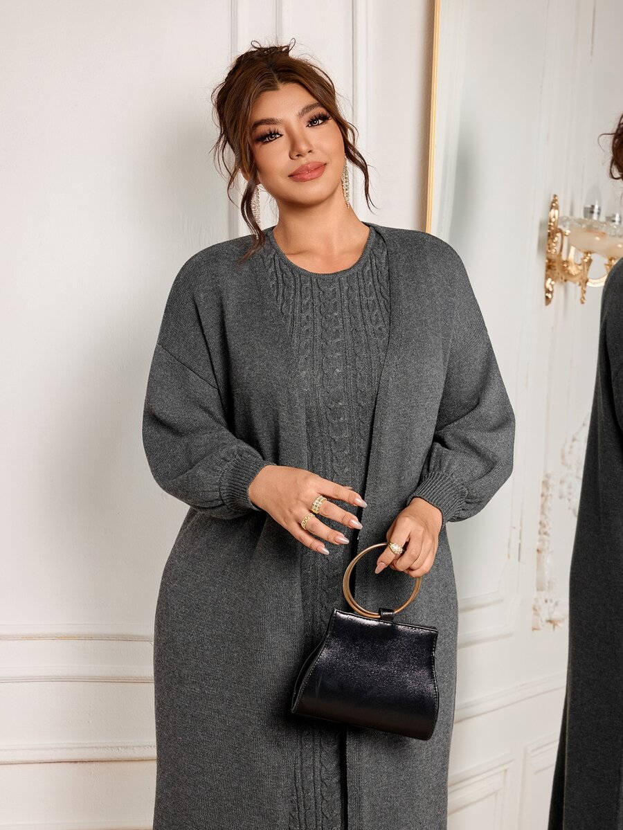 Modelyn Plus Size Women Solid Color Dropped Shoulder Long Sleeve Long Knit Cardigan And Cable Knit Sleeveless Knit Dress Elegant Set - Dark Grey - View 1