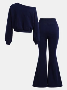 SHEIN Girlism 青少年女孩純色不對稱肩領衛衣與喇叭運動長褲兩件套 - 藏蓝色 - 查看 2