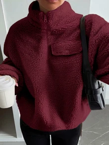 DAZY 女款秋季高領半拉鍊收腰運動衫 - 酒紅色 - 查看 2
