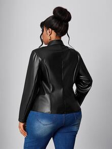 Maweii Jaket Kulit Hitam Wanita Ukuran Besar, Lapisan Dalam Renda untuk Tampilan Elegan dan Mewah di Musim Dingin. - Hitam - View 2