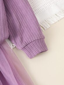 SHEIN 2件組少女甜美3D花朵羅紋針織套頭上衣＋薄紗裙套裝，秋冬春季日常返校萬聖節派對穿搭，柔軟舒適秋季套裝 - 紫色 - 查看 7