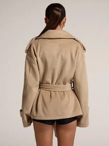 SHEIN BAE Jaket Pendek Wol Warna Polos Elegan dengan Kerah Longgar dan Ikat Pinggang, Memberikan Efek Melangsingkan, Serbaguna untuk Perjalanan Sehari-hari - Unta - View 2