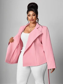 Maweii Plus Size Pink Casual Design Tie Waist Stand Collar Long Sleeve Commute Interview Business Blazer - Pink - View 6