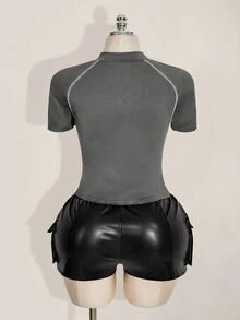 SHEIN ICON 女款大尺碼拼色鏤空休閒日常穿搭T恤 - 灰色 - 查看 2
