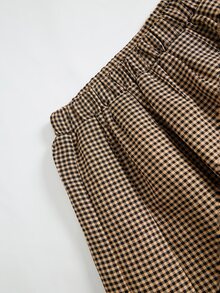 SHEIN 1件女童優雅百褶中腰裙，2合1內建安全褲裙，四季百搭，適合休閒日常、外出、派對、度假 - 棕色 - 查看 5