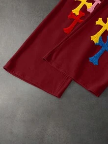 PAVTROS Men's Cross Embroidered Drawstring Waist Pockets Loose Casual Sweatpants Wide Leg - Red - View 5