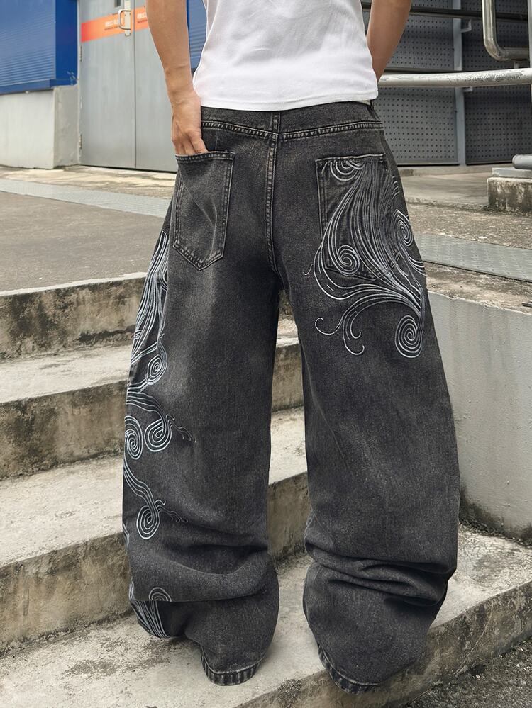 STEELVANCE Street Style Retro Fashion Versatile Distressed Washed Embroidered Design Loose Straight Wide Leg Casual Denim Jeans (Belt And Accessories Not Included) - Black - View 2