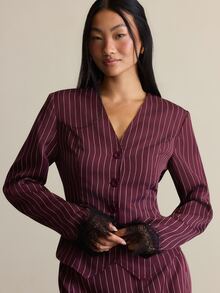 COSMINA Women's V-Neck Striped Long Sleeve Jacket And Skirt Casual Suit Set - Burgundy - View 5