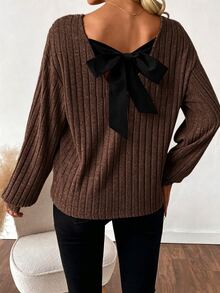 SHEIN LUNE 女款秋季V領休閒百搭日常長袖T恤 - 咖啡棕 - 查看 5