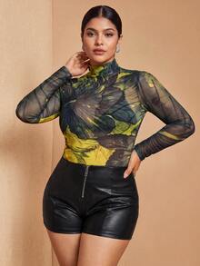 JIAN LASALA Sexy Floral Printed Sheer Mesh Plus Size Top Long Sleeve Stand Collar Slim Fit Yellow Summer - Multicolor - View 3