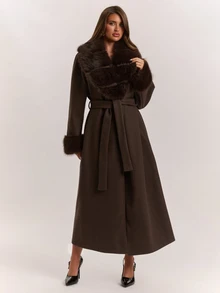 SHEIN BAE Women's Faux Fur Patchwork Long Sleeve Wool Blend Coat - Coffee Brown - View 6