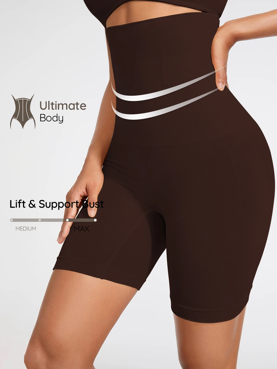 SHAPORA 1件女款純色高腰塑形短褲 - 棕色 - 查看 1