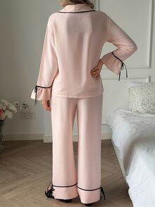 DAZY Women's Lapel Neck Long Sleeve Single-Breasted Top And Pants Pajama Set - Pink - View 2