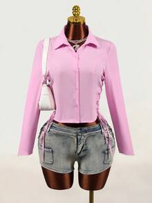 Mistrie Women's Fashion Button Cinched Waist Long Sleeve Shirt - Pink - View 7