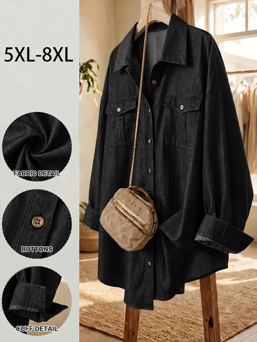 SHEIN CURVE+ Plus-Size Casual Denim Printed Shirt For Commuting Summer Outfits, Holiday Outfits, Beach Outfits, Fall - Black - View 1