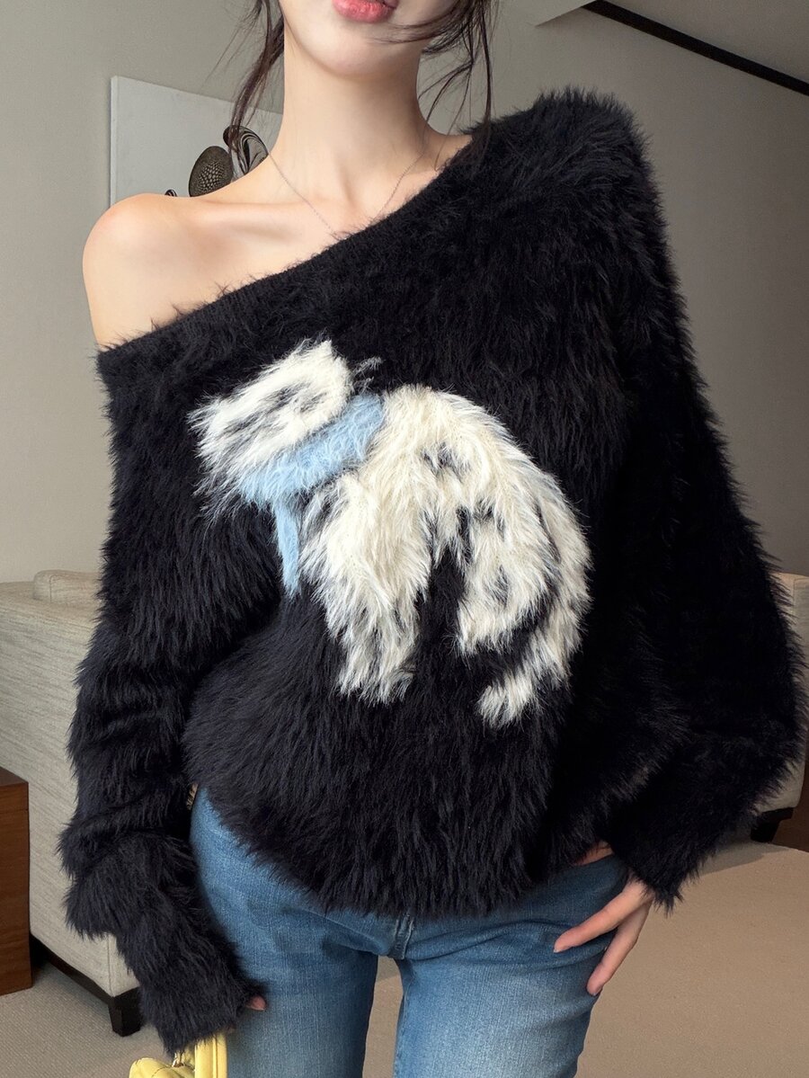 DAZY Women's Black Asymmetrical Shoulder Plush Cartoon Pattern Contrast Blue & White Loose Casual Long Sleeve Knit Sweater Fall - Black - View 1