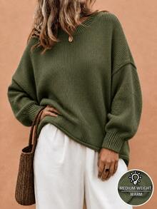 Weeklong Plus Size Women's Autumn/Winter Casual Minimalist Versatile Retro Solid Color All-Match Round Neck Drop Shoulder Loose Knit Sweater Top - Green - View 3