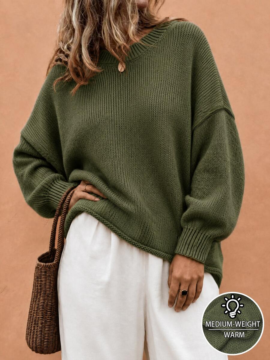 Weeklong Plus Size Women's Autumn/Winter Casual Minimalist Versatile Retro Solid Color All-Match Round Neck Drop Shoulder Loose Knit Sweater Top - Green - View 1