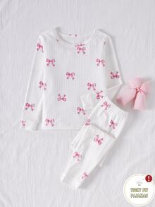 SHEIN 1 Set Girls' Fitted Loungewear Set, Ribbed Texture Fabric With All-Over Pink Bow Pattern, High Elasticity, Soft And Skin-Friendly, Slim Fit Long Sleeve Top And Long Pants Two Pieces Set (1 Set Sold Separately) - White - View 4