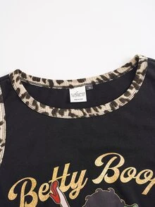 Betty Boop x SHEIN ملابس علوية كاجوال يومية للنساء مقاس كبير بطبعة حروف وكرتون - الأسود - مشاهدة 4
