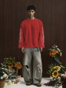 TOKVUE 男士青年休閒復古字體印花長袖T恤 - 洋紅色 - 查看 2