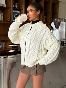 Muchica Women's Autumn New Apricot Cable Knit Frog Button Design Loose Cardigan - Apricot - View 4