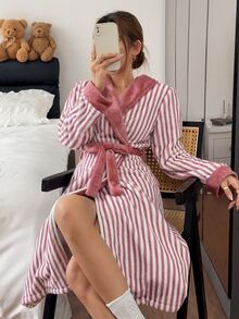 Napfluff Casual Striped Plush Lapel Long Sleeve Women's Loungewear Robe - Dusty Pink - View 8
