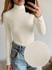Tween Girls Autumn/Winter White Knitted High Neck Casual Slim Fit Ribbed Textured Base Layer Top, Versatile Simple T-Shirt - White - View 1