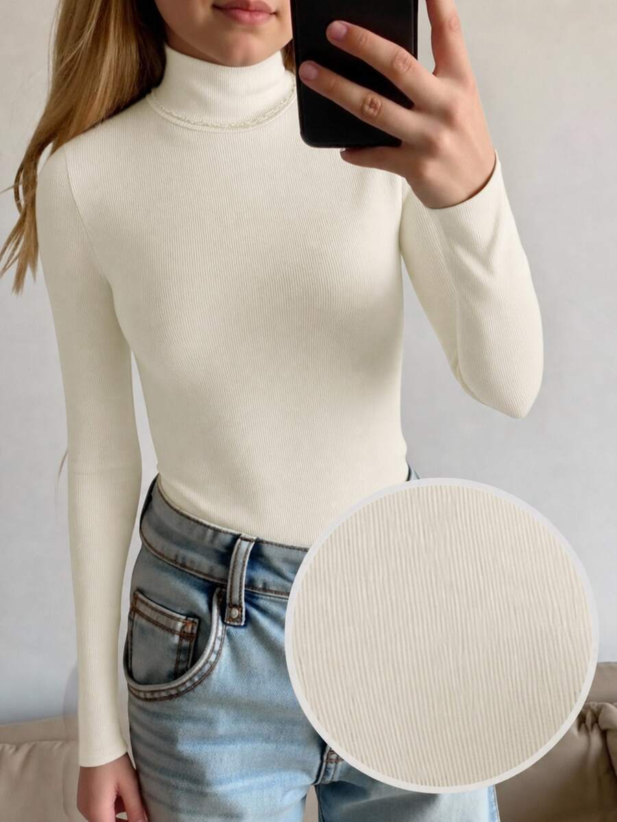 Tween Girls Autumn/Winter White Knitted High Neck Casual Slim Fit Ribbed Textured Base Layer Top, Versatile Simple T-Shirt - White - View 1