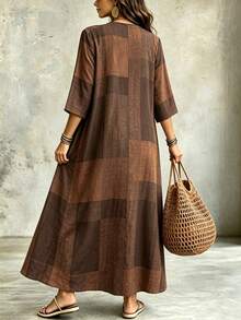 Linhara CURVE Plus Size Women's Autumn Coffee Color Geometric Print V-Neck Long Sleeve Loose Slimming Holiday Dress Fall - Multicolor - View 2