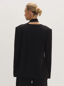MUSEYN Black Woven Wrap Neck Detail Open Front Suit Blazer Timeless Date Night Tailored Office New Season Fall - Black - View 4