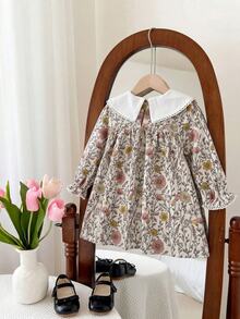 SHEIN Babygirl Cute Floral Pattern Peter Pan Collar Preppy Style Doll Dress - Multicolor - View 5