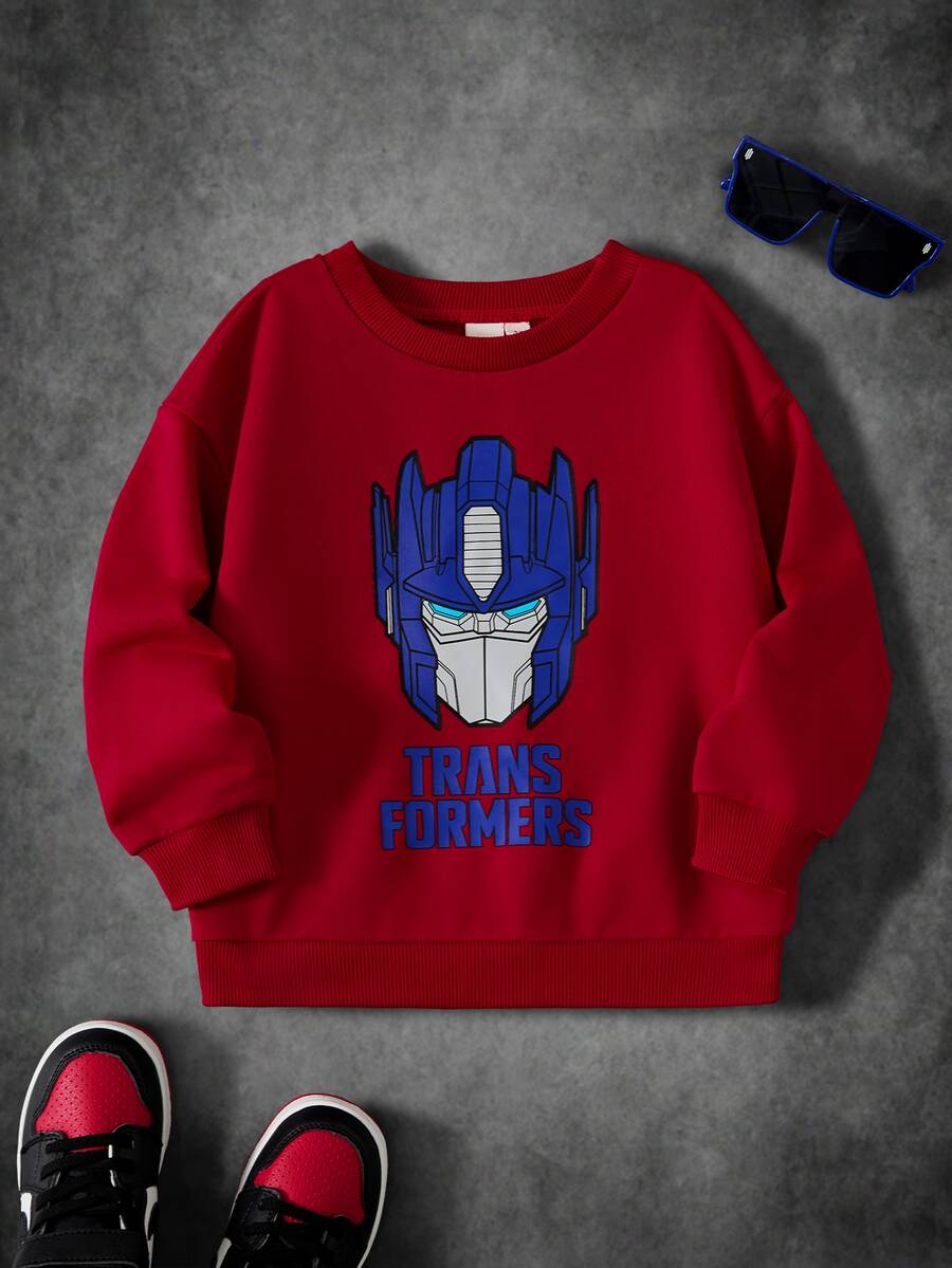 Transformers X SHEIN بلوزة رياضية بطبعة كرتونية للأولاد الصغار بأكمام طويلة وياقة دائرية - الأحمر - مشاهدة 1