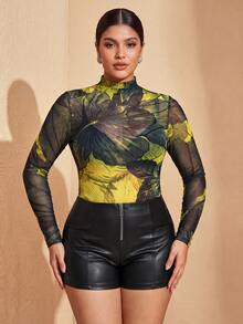 JIAN LASALA Sexy Floral Printed Sheer Mesh Plus Size Top Long Sleeve Stand Collar Slim Fit Yellow Summer - Multicolor - View 6