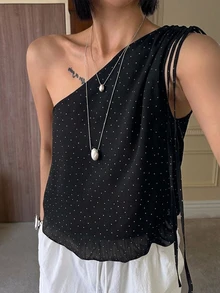 DAZY 波點單肩不對稱抽繩綁帶休閒度假夏季女款背心上衣 - 黑色 - 查看 2