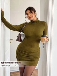 Lounesse 大尺碼女款高領紋理布料黑色修身長袖洋裝，秋冬疊穿內搭洋裝，休閒百搭時尚通勤針織洋裝，黑色洋裝 - 黃色 - 查看 2