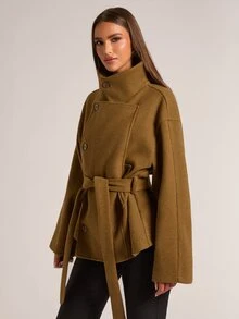 SHEIN BAE Mantel Panjang Bergaya Vintage dengan Kerah Besar dan Sabuk Elegan - Olive Green - View 5