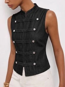 Maija Women's Double-Breasted Fashion Denim Vest For Vacation Going Out Tops For Women - Black - View 4