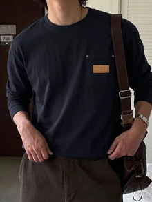 DAZY 男士長袖針織布料T恤，附胸前口袋與拼接設計，圓領，可作底層與外穿，春秋款 - 藏蓝色 - 查看 1
