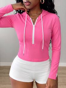 SHEIN Core Rhythm Plus Size Women's One-Piece Rose Red Long Sleeve Sports T-Shirt & Tank Top - Pink - View 3