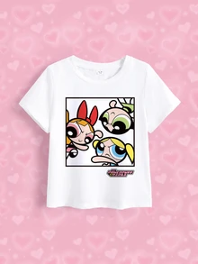 THE POWERPUFF GIRLS X SHEIN Young Girl Letter Cartoon Print Casual Daily Short Sleeve T-Shirt - White - View 7