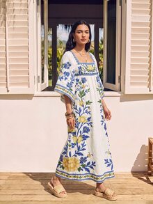 CAJUNI 女款花卉印花方領喇叭袖時尚度假洋裝 - 藍色 - 查看 5
