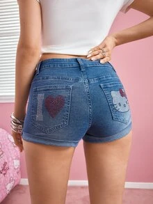 HELLO KITTY AND FRIENDS | SHEIN Women's Summer Casual Rhinestone Cartoon Pattern Denim Shorts - Medium Wash - View 3